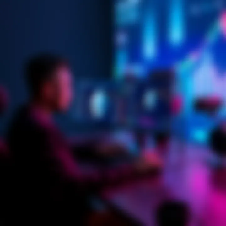 A person sitting at a computer, researching how to stake Ethereum using rETH, with vibrant crypto graphics on the screen.