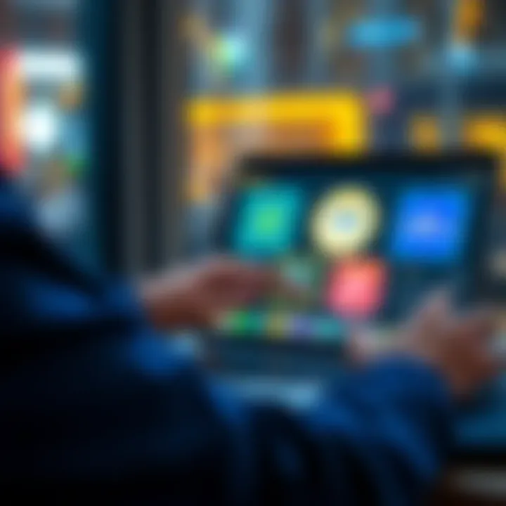 A person reviewing different platforms for staking SOL cryptocurrency on a laptop, with graphics representing Solflare, Phantom, and Coinbase on the screen.