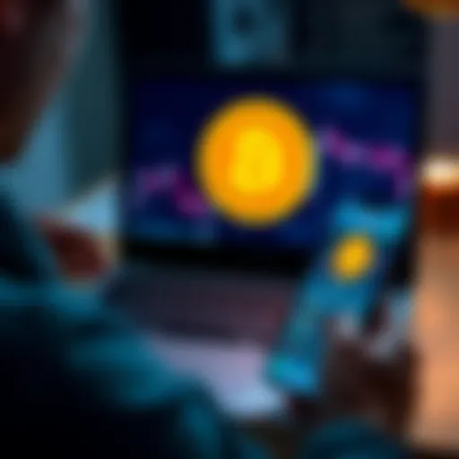 A person looking at a Bitcoin logo on a laptop screen while holding a smartphone showing cryptocurrency prices