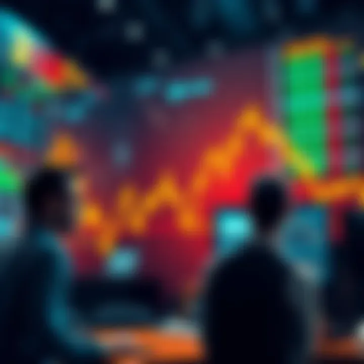 A graph showing a downward trend in stock prices with worried investors looking at screens