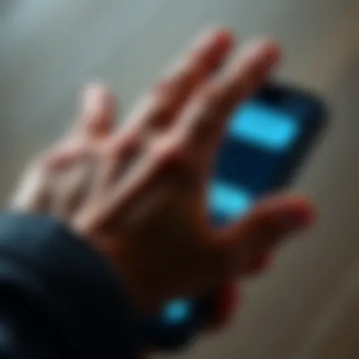 A close-up of a smartphone displaying odd text messages from unknown numbers, with a confused person's hand hovering above it.