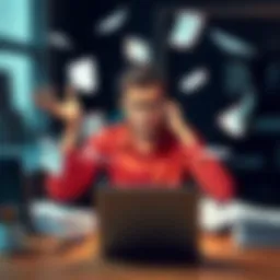 A person looking overwhelmed while juggling multiple tasks at a desk with papers and a laptop.