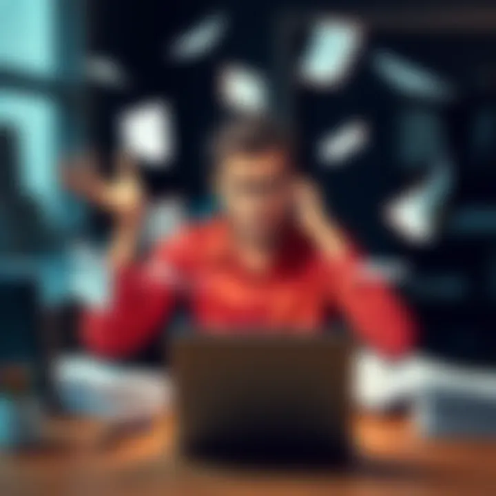 A person looking overwhelmed while juggling multiple tasks at a desk with papers and a laptop.