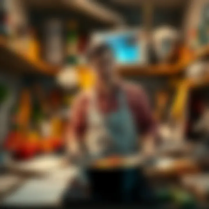 A person looking overwhelmed in a cluttered kitchen while trying to prepare a meal, surrounded by ingredients and kitchen tools.