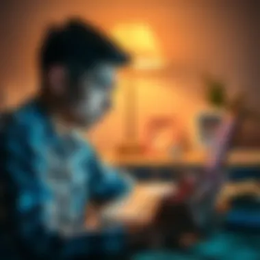 A worried university student looks at a laptop screen displaying cryptocurrency prices, surrounded by bills and a family photo, reflecting on his financial mistakes.