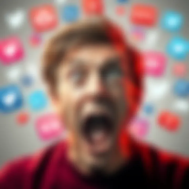 A person with wide eyes and an open mouth, expressing shock and surprise, surrounded by social media icons.