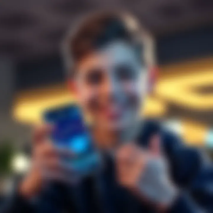 A 15-year-old boy smiling while holding a phone showing cryptocurrency charts, representing his investment in XRP.