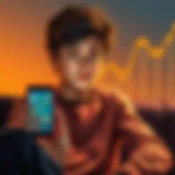 A young person sitting with a thoughtful expression, holding a smartphone displaying Bitcoin prices, showing regret over a previous sale, with a graph showing rising Bitcoin values in the background.
