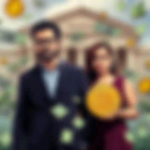 A Tennessee couple standing together with worried expressions, surrounded by money symbols and a courthouse backdrop, representing their fraud case in cryptocurrency.