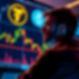 A worried investor looking at falling cryptocurrency prices on a trading screen with a Tether logo in the background