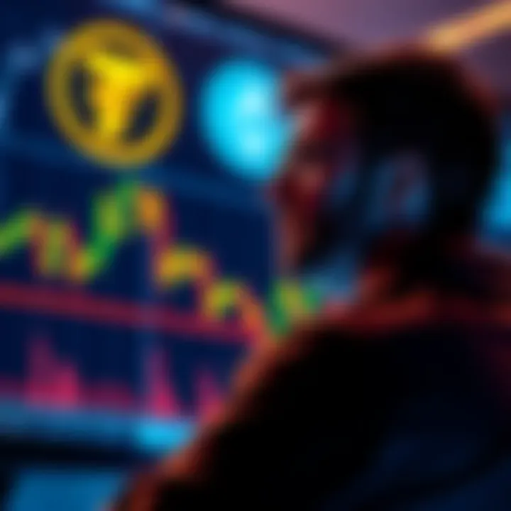 A worried investor looking at falling cryptocurrency prices on a trading screen with a Tether logo in the background