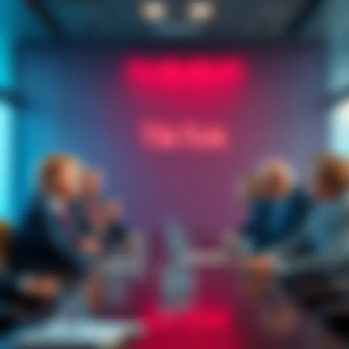 A group of business leaders discussing TikTok's future, including figures like Donald Trump and Larry Ellison, in a conference room setting