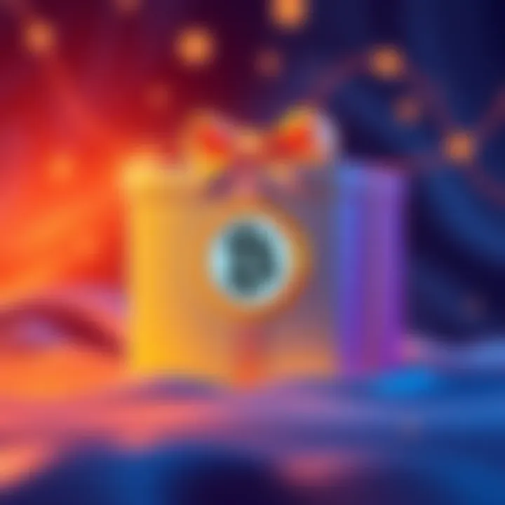 A visual representation of a Bitcoin gift box with a clock symbol, showing the concept of timelocking Bitcoin transfers. The box is sealed and has a timer indicating it will open after a set time.