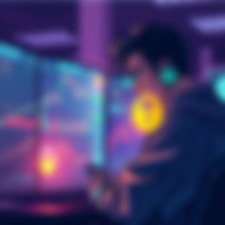 An illustration of a developer worried during a token launch, showing charts and graphs indicating market fluctuations, with a lock symbol representing investment security.