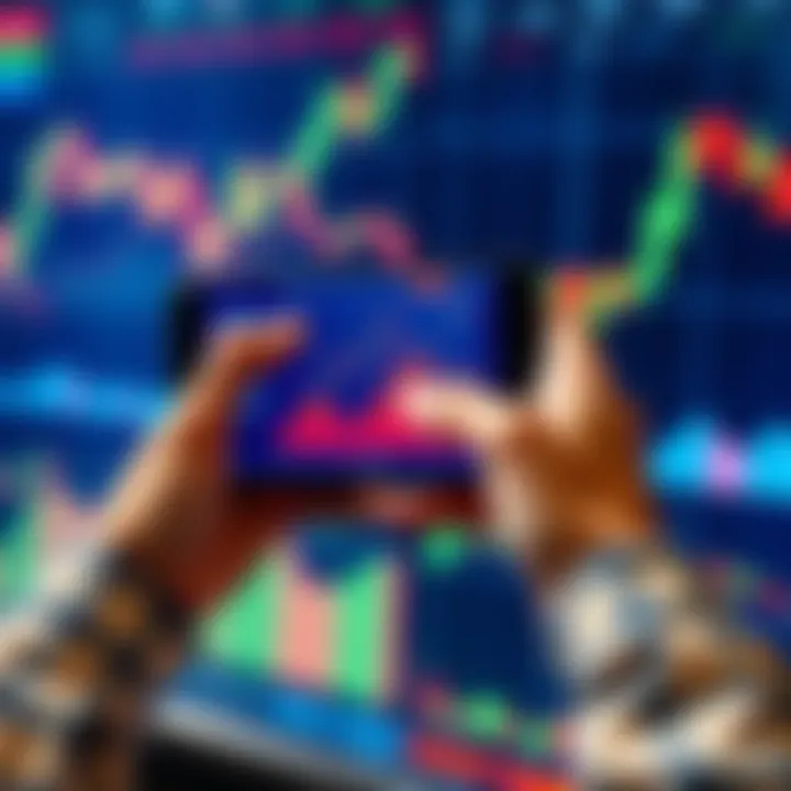A graphic showing a person using a smartphone to trade tokenized US stocks on a blockchain platform, with stock market charts in the background.