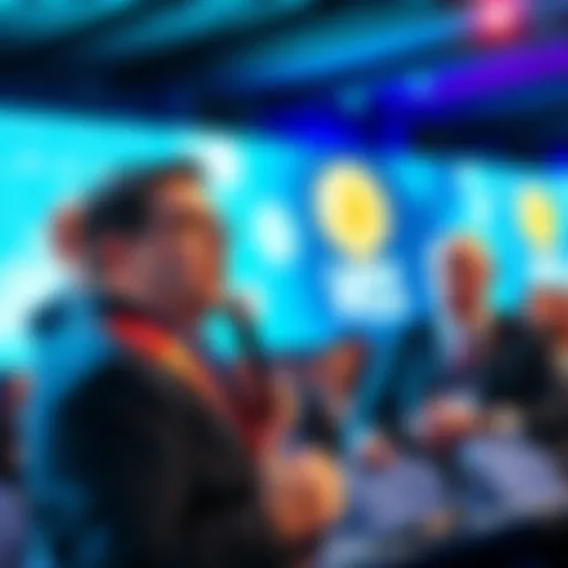 Tom Lee speaking at a conference, addressing the audience about cryptocurrency growth and performance, with Jamie Dimon looking on skeptically