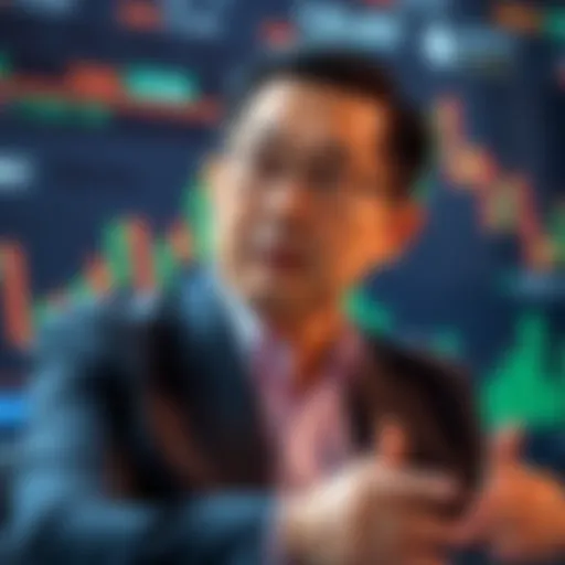 Tom Lee from Bitmine speaks about the downturn in the digital asset treasury market, with visuals of fluctuating graphs and financial charts in the background.