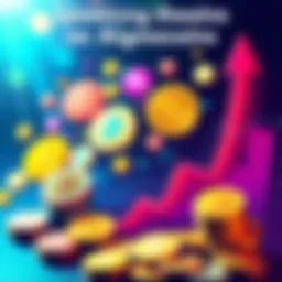 A colorful graphic showcasing various memcoins on the Algorand blockchain, hinting at potential growth to rival Dogecoin, with vibrant coins and a chart indicating upward trends.