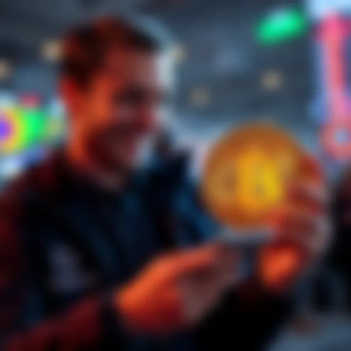 A trader smiling while holding a Bitcoin symbol, reflecting on their investment journey from Loopring to Bitcoin.