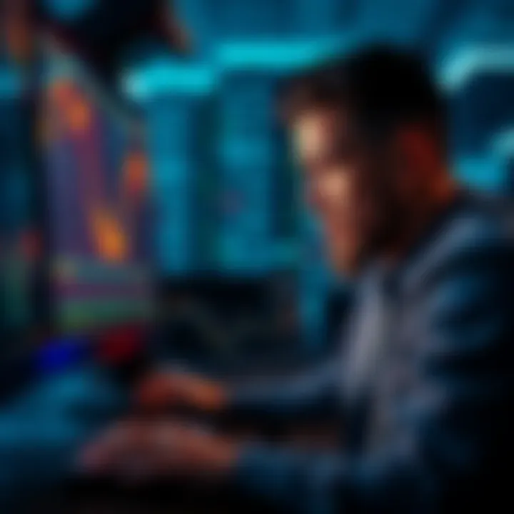 A distressed trader looking at a computer screen displaying a downward trend in cryptocurrency values, symbolizing a significant financial loss related to a meme coin.