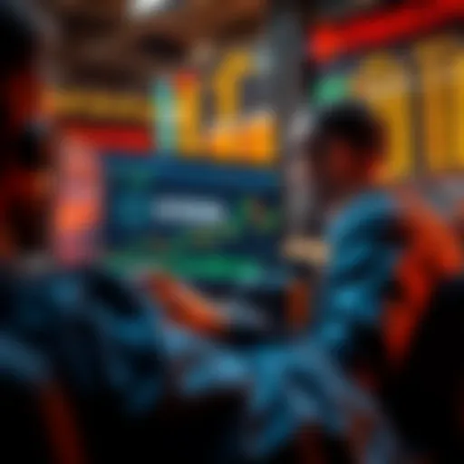 A trader looking at a computer screen showing Chainlink price at $15.50, with graphs indicating market stability.