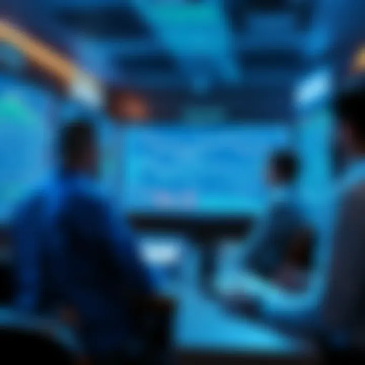 A group of traders discussing Litecoin market trends with charts and graphs on a screen
