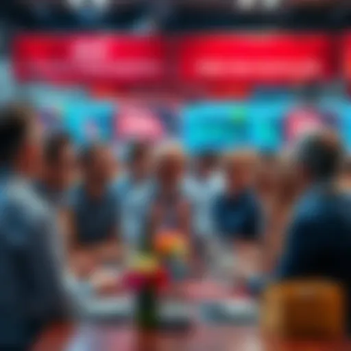 A group of traders sharing laughter and stories at a community event, showcasing camaraderie and appreciation, with banners celebrating their trading journey in the background.