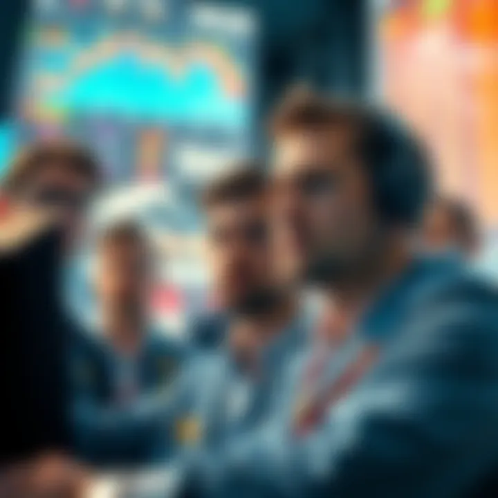 Traders under Pressure A group of traders looking concerned as charts show declining prices. The atmosphere highlights tension and uncertainty in the trading market.