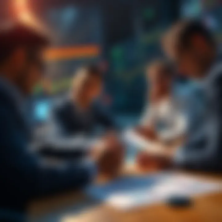 People engaging in a daily trading discussion with charts and notes on a table