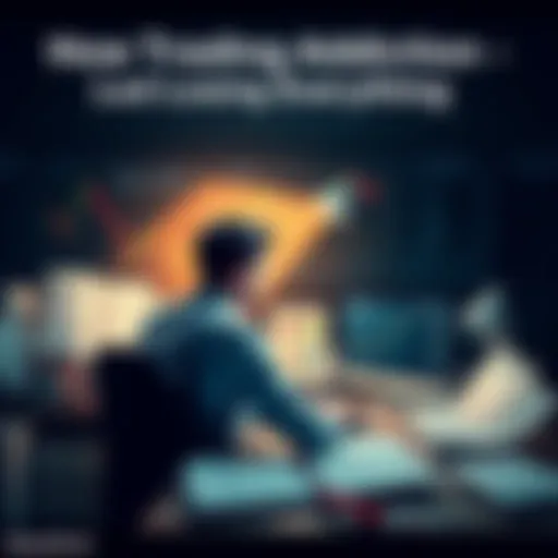 A person looking stressed at their desk surrounded by trading charts and financial documents, reflecting on their trading addiction