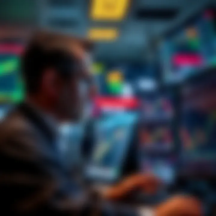 A graph showing a significant drop in stock prices, symbolizing financial losses. A worried trader is looking at computer screens with declining charts.