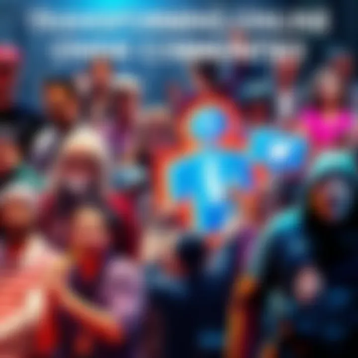 A vibrant digital collage showing diverse online communities interacting through forums and social media platforms.