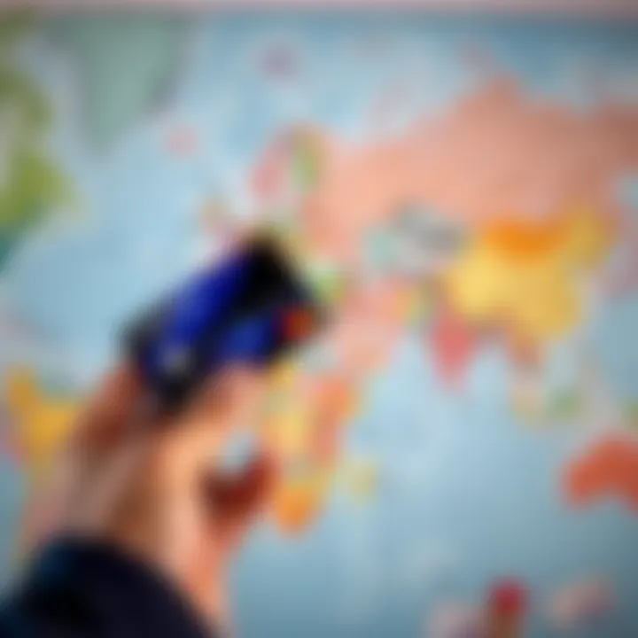 A person holds a travel card and a debit card, comparing them against a map and currency notes while planning a trip abroad.