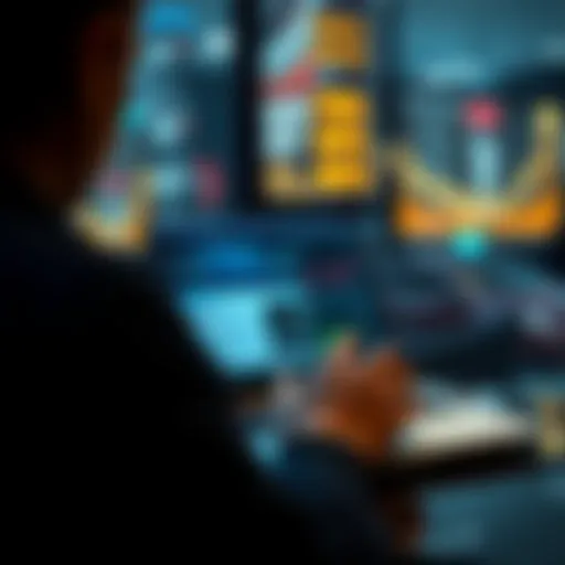 A person reading news articles on a laptop with graphs and headlines displayed on the screen, representing current trends and events.