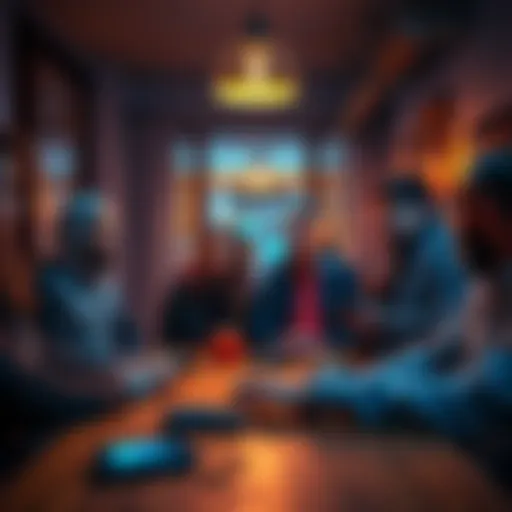 A group of Trezor users discussing their long-term Bitcoin holding experiences in a cozy setting, with Trezor devices on the table