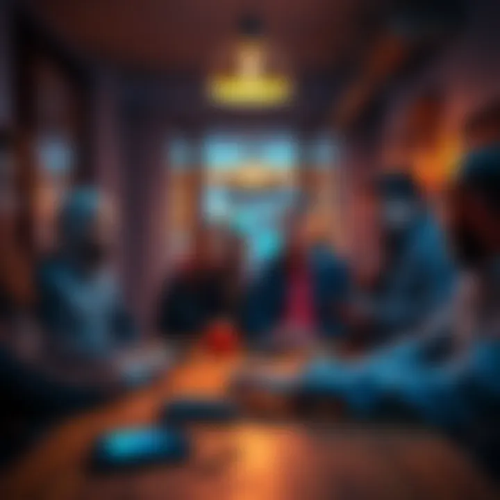 A group of Trezor users discussing their long-term Bitcoin holding experiences in a cozy setting, with Trezor devices on the table
