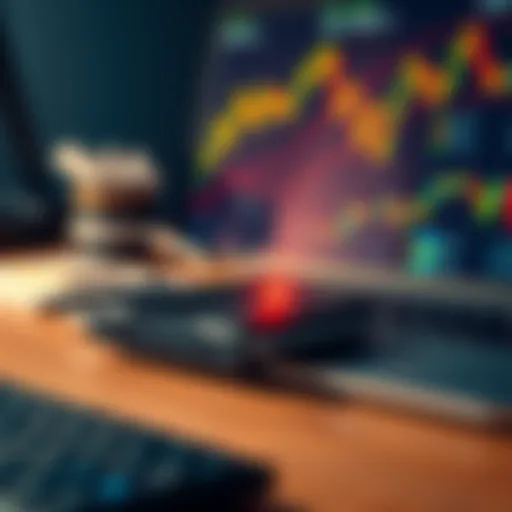 Trezor Model T hardware wallet placed on a wooden desk with a laptop and cryptocurrency charts in the background