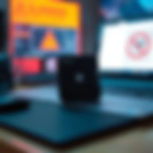 A Trezor Safe 5 hardware wallet placed on a computer desk with a laptop showing warning signs of malware