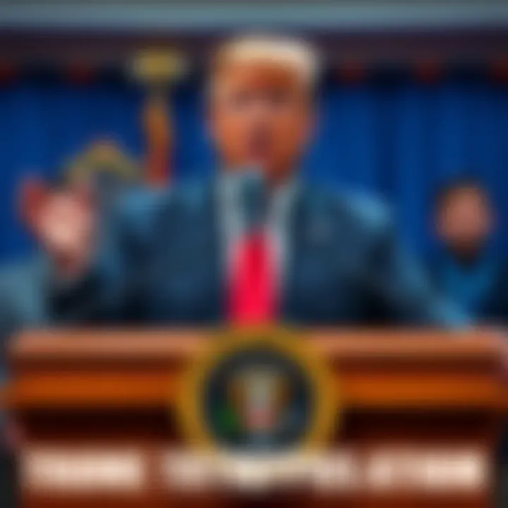 Former President Trump at a podium during a press conference about his controversial cryptocurrency initiative.