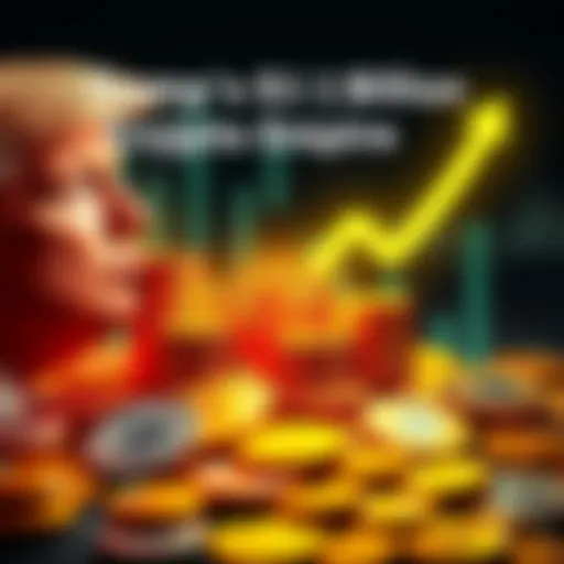 A graphic representing Trump's crypto empire with coins and a rising graph, symbolizing rapid growth in value.