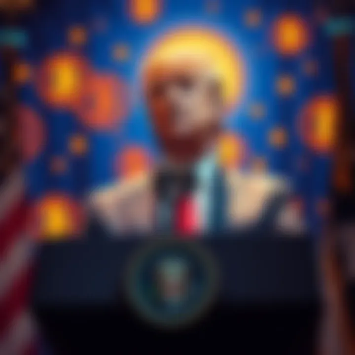 President Trump speaking at a podium with cryptocurrency symbols in the background, signifying the launch of crypto investments in retirement planning