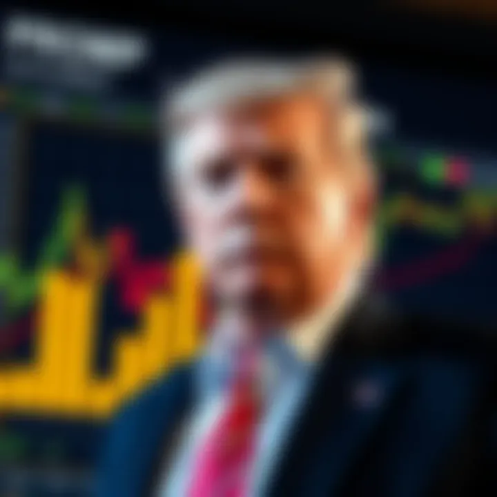 Donald Trump standing in front of a cryptocurrency chart showing significant profits, with a concerned expression.