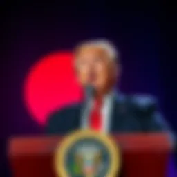 President Trump speaking at a podium with a cryptocurrency symbol in the background.