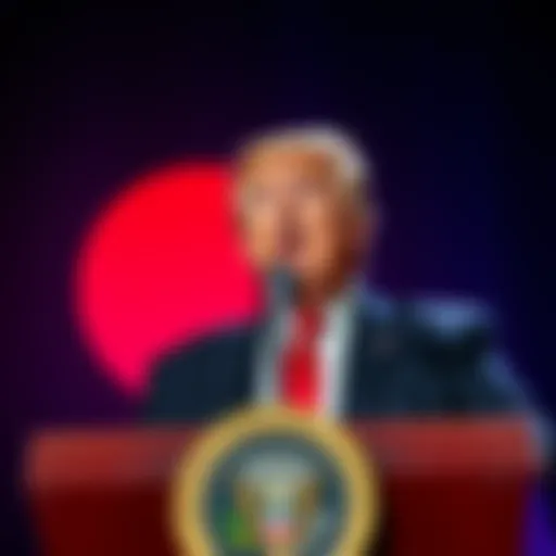 President Trump speaking at a podium with a cryptocurrency symbol in the background.
