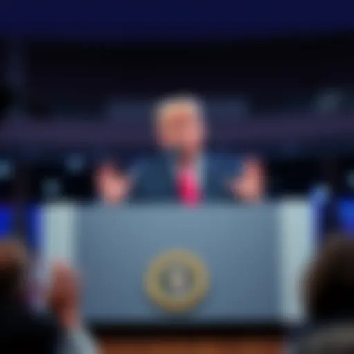 Former President Trump at a podium discussing his tax promise for U.S. cryptocurrency investors