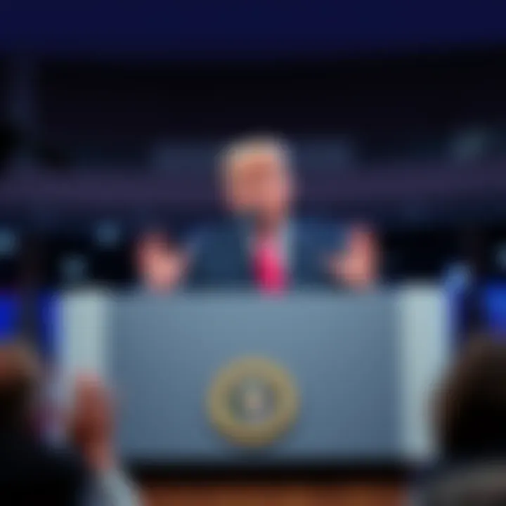 Former President Trump at a podium discussing his tax promise for U.S. cryptocurrency investors