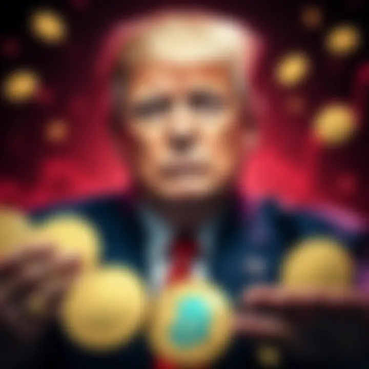 Donald Trump surrounded by cryptocurrency coins and graphs showing profits