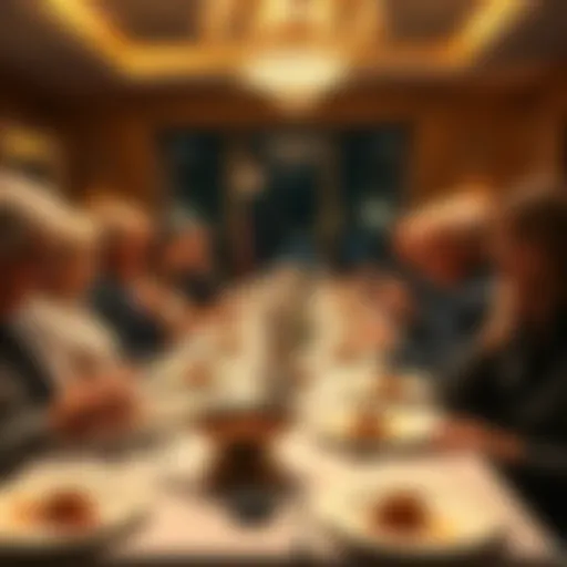 Guests sitting at a dinner table looking disappointed, with uneaten plates of food in front of them, reflecting on the quality of the meal and a speech by Trump.