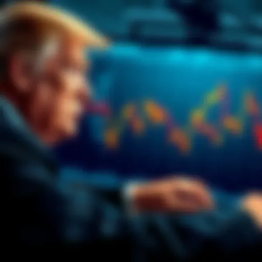 President Trump appears concerned with graphs showing economic decline, symbolizing market instability.