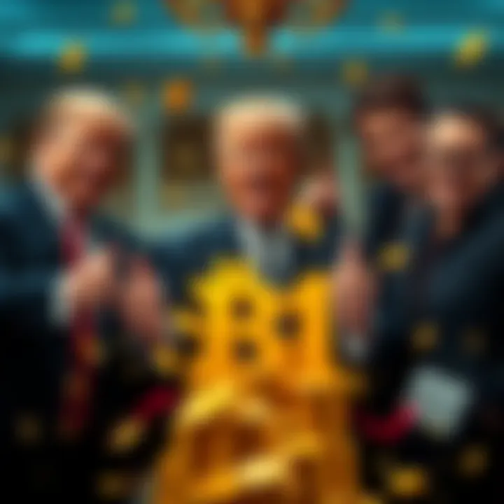 President Trump and family celebrating crypto profits with digital currency graphics